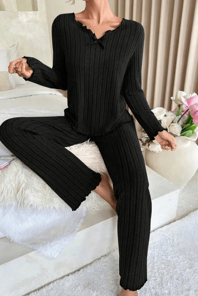 Kadın Siyah Uzun Kollu Fiyonklu Yuvarlak Yaka Mevsimlik Pijama Takımı - Resim 5