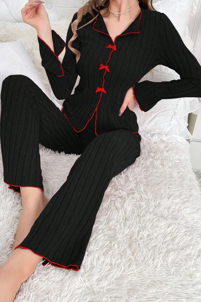 Kadın Siyah Kırmızı Biyeli ve Fiyonklu Uzun Kollu Mevsimlik Pijama Takımı - Resim 2