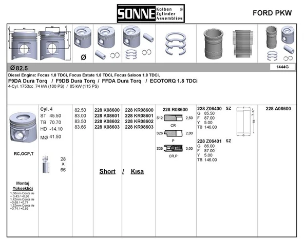 Ford Motor Piston+segman (82,50mm) / (std) Connect 1,8tdci 90ps 02 /> Focus 1,8tdci (98 05) 90ps - Sonne 228kr08600 ürün görseli