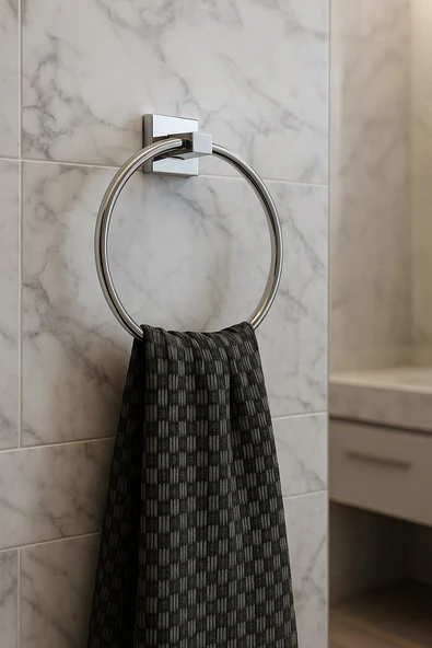 Krom Yuvarlak Halka Havlu Askılığı – Kare Topuzlu, Krom Kaplama, Dayanıklı Metal Askı - (K-102) - KTK - Resim 5