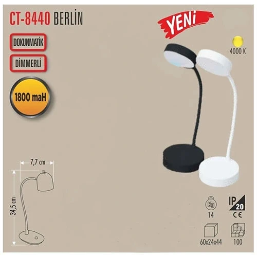 CATA Şarjlı Ledli BERLİN Masa Lambası SİYAH 3 Renk Işık Abajur (Beyaz 6500k / Kırık Beyaz 4000k / Günışığı (Sarı)3200k) - 5
