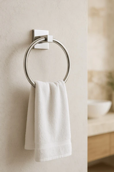 Krom Yuvarlak Halka Havlu Askılığı – Kare Topuzlu, Krom Kaplama, Dayanıklı Metal Askı - (K-102) - KTK - Resim 4