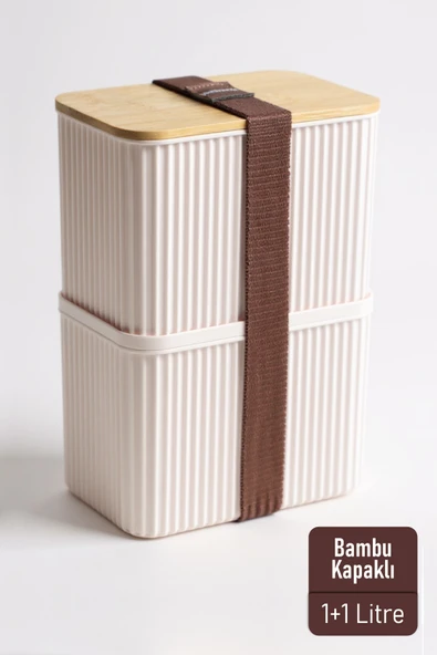İronika 1+1 2 Litre Bambu Kapaklı Erzak Gıda Bakliyat Saklama Kabı Mutfak Organizeri ürün görseli