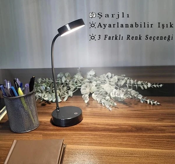 CATA Şarjlı Ledli BERLİN Masa Lambası SİYAH 3 Renk Işık Abajur (Beyaz 6500k / Kırık Beyaz 4000k / Günışığı (Sarı)3200k) - 2