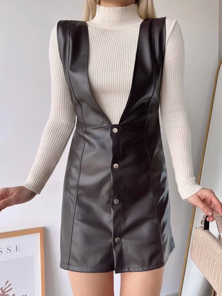 Deri jile elbise kahve w24796 - Resim 3