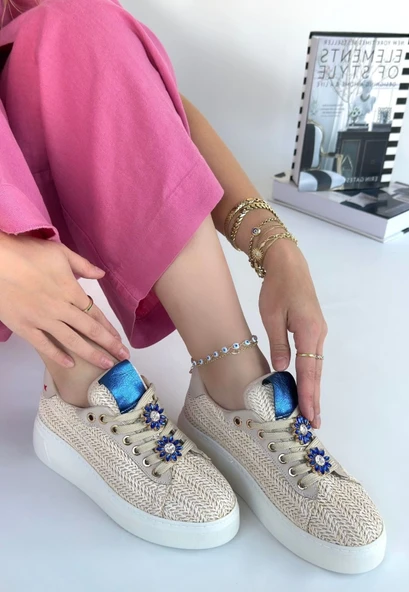 Iwer Bej Hasır Dokumalı Bağcıklı Spor Ayakkabı - Resim 2