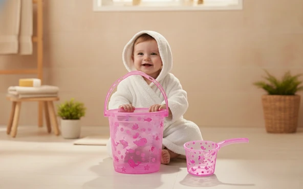 Babyjem Şeffaf Kova & Maşrapa Set Pembe Desenli