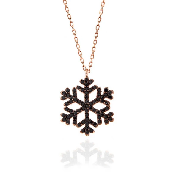 925 Ayar Gümüş Rose Siyah Taşlı Kar Tanesi Kadın Kolye - Resim 3