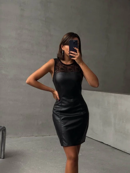 Üstü dantelli straplez deri elbise siyah w24421 - Resim 5