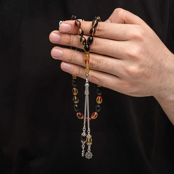 Gümüş Püskül Sıkma Kehribar Tesbih ürün görseli 1