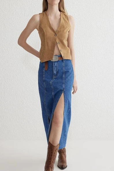 Çift yırtmaçlı jean etek s140 - 3