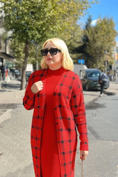 Triko Hırka elbise ikili takım kırmızı - 2