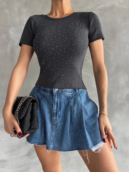 Önü taşlı antrasit bluz s3512 ürün görseli 1