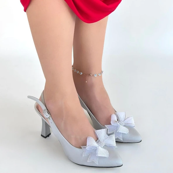 Mewi Gümüş Saten Topuklu Ayakkabı - Resim 4