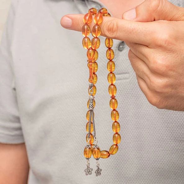 Gümüş Püsküllü Ateş Kehribar Tesbih - Resim 3