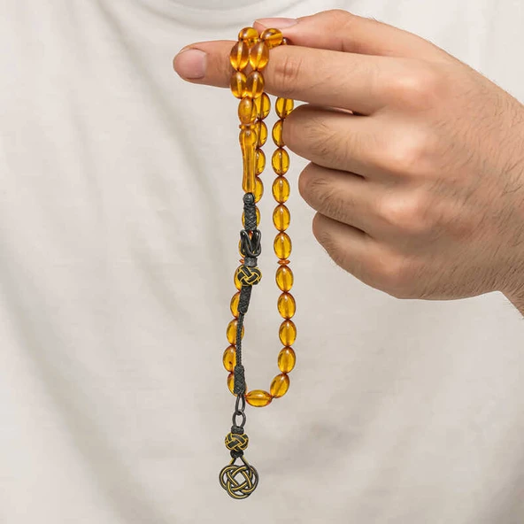 Gümüş Kazaz Püsküllü Sıkma Kehribar Tesbih - Resim 4