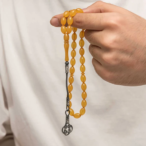 Gümüş Kazaz Püsküllü Sıkma Kehribar Tesbih - Resim 5