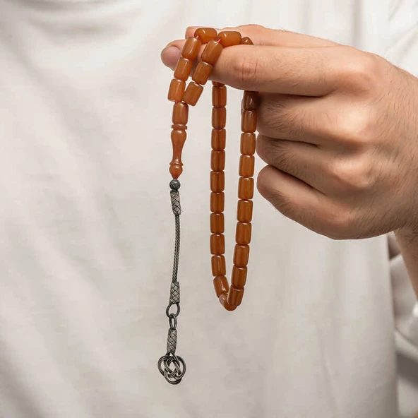 Gümüş Kazaz Püsküllü Sıkma Kehribar Tesbih - Resim 2