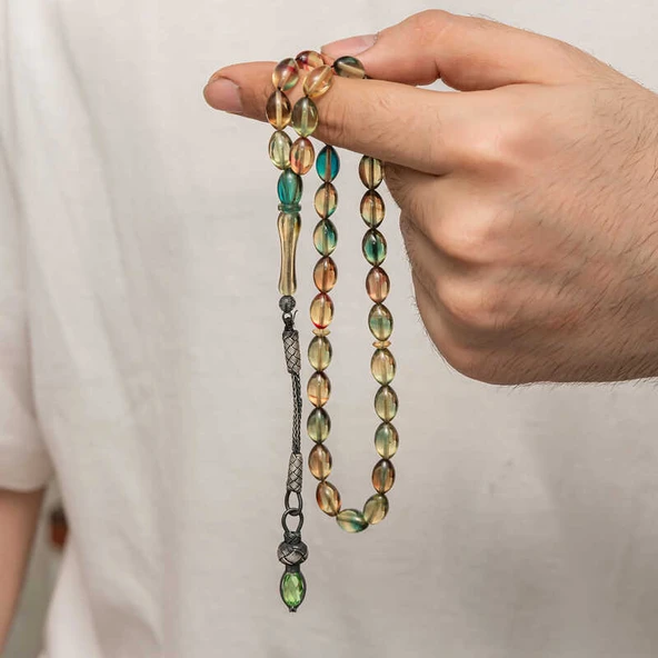 Gümüş 1000 Ayar Kazaz Püsküllü Sıkma Kehribar Tesbih - Resim 4