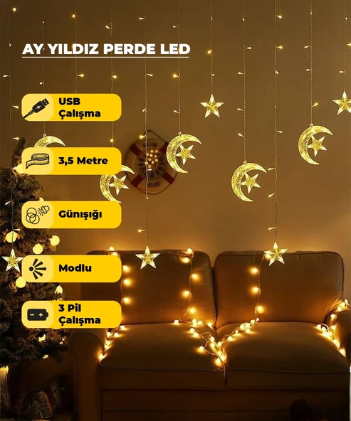 Ay Yıldız Dekoratif Günışığı  Led USB & Pilli - 3,5 Metre - Animasyonlu ürün görseli