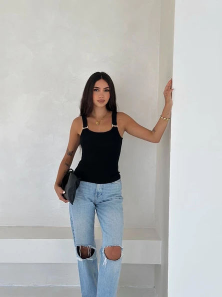 Ottoman toka askılı bluz siyah s4194 - Resim 3