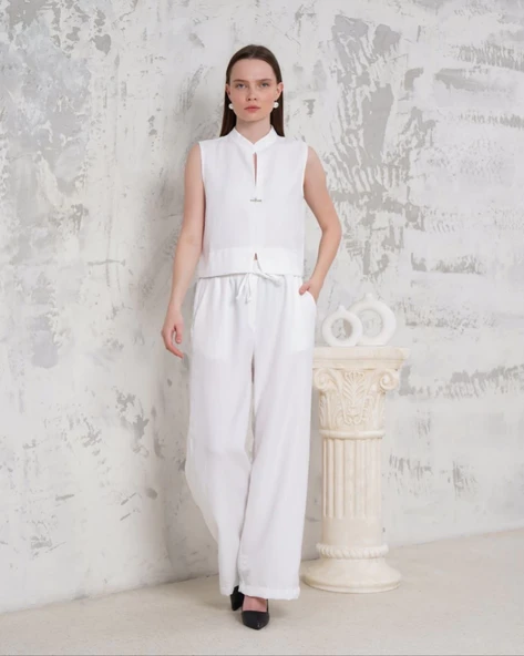 Broşlu yelek pantolon takım beyaz s255821 ürün görseli