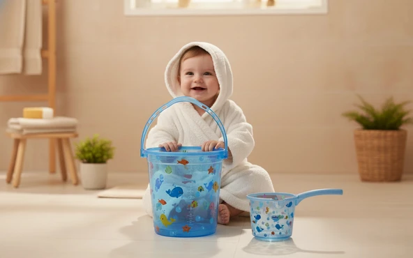 Babyjem Şeffaf Kova & Maşrapa Set Mavi Desenli