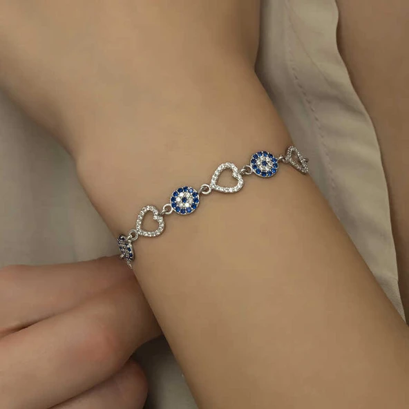 925 Ayar Gümüş Kalpli Nazar Bileklik - Resim 4