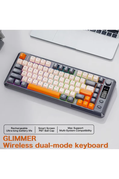 FreeWolf M75 kablosuz 2.4ghz kablosuz + bt çift Modlu klavye Led Ekranlı oyun klavyesi ile PBT Knob Rainbow - Resim 2