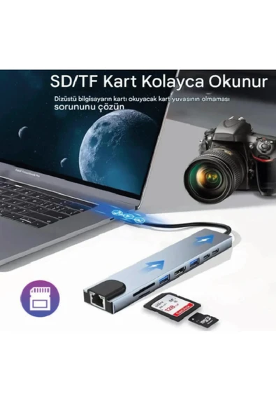 silabor 8 In 1 Macbook Pro Air Usb Type-c Hub Dönüştürücü Çevirici Çoklayıcı Usb Hdmı Micro Sd Girişli - Resim 2