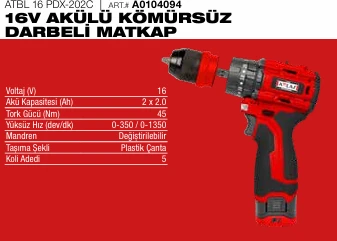 ATTLAS ATBL 16 PDX-202C 16V MANDREN ÇIKMA ÖZELLİKLİ AKÜLÜ KÖMÜRSÜZ DARBELİ MATKAP ürün görseli