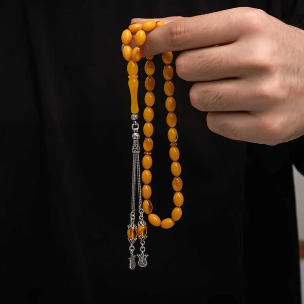 Gümüş Püskül Sıkma Kehribar Tesbih - Resim 4