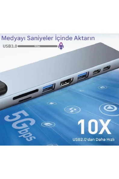 silabor 8 In 1 Macbook Pro Air Usb Type-c Hub Dönüştürücü Çevirici Çoklayıcı Usb Hdmı Micro Sd Girişli - Resim 6