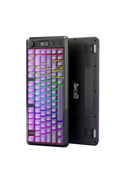 FreeWolf M75 kablosuz 2.4ghz kablosuz + bt çift Modlu klavye Led Ekranlı oyun klavyesi ile PBT Knob Rainbow - Resim 2