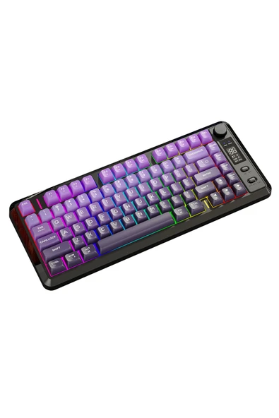 FreeWolf M75 kablosuz 2.4ghz kablosuz + bt çift Modlu klavye Led Ekranlı oyun klavyesi ile PBT Knob Rainbow - Resim 3
