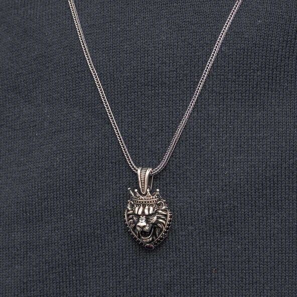 Gümüş Taçlı Aslan Figürlü Erkek Kolye - Resim 5