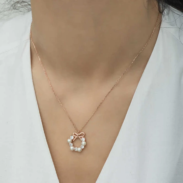 925 Ayar Gümüş İnci Kurdele Kadın Gümüş Kolye - Resim 2