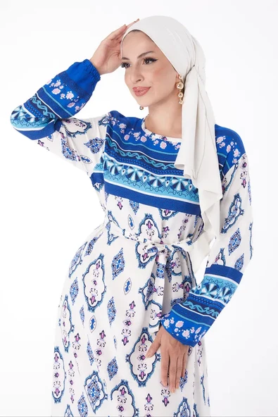 Düz Bisiklet Yaka Kadın Mavi Etnik Desenli Elbise - Resim 5