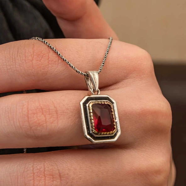 Gümüş Kırmızı Taşlı Dikdörtgen Kadın Kolye - Resim 4