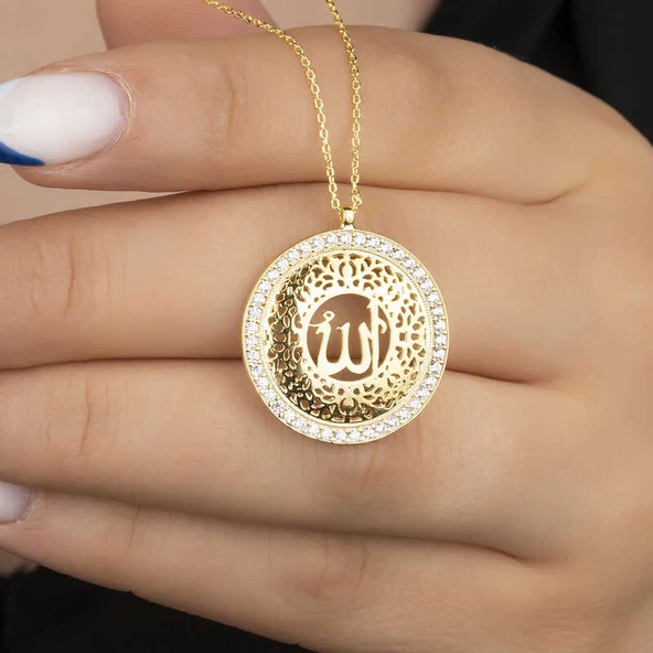 Gümüş Gold Allah Yazılı Kadın Kolye - Resim 2