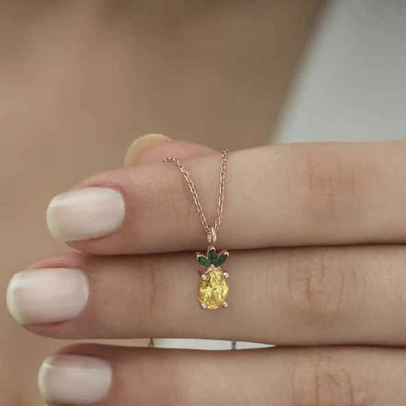 Gümüş Rose Ananas Figür Meyve Kolye - Resim 3