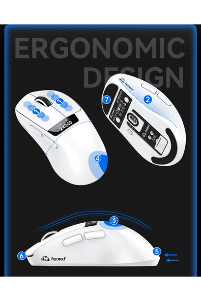FreeWolf A7 Üç Mod Kablosuz Fare Hafif PAW3311 Oyun BT Ekran Fare RGB Şarj Standı Fare ile - Resim 5