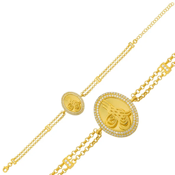 925 Ayar Gümüş Gold Tuğralı Bileklik - Resim 3