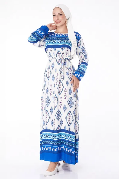 Düz Bisiklet Yaka Kadın Mavi Etnik Desenli Elbise - Resim 2