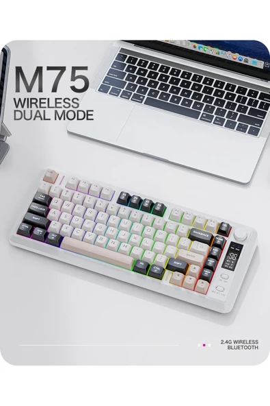 FreeWolf M75 kablosuz 2.4ghz kablosuz + bt çift Modlu klavye Led Ekranlı oyun klavyesi ile PBT Knob Rainbow ürün görseli