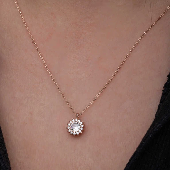 925 Ayar Gümüş Rose Minimal Yuvarlak Anturaj Kadın Kolye - Resim 4