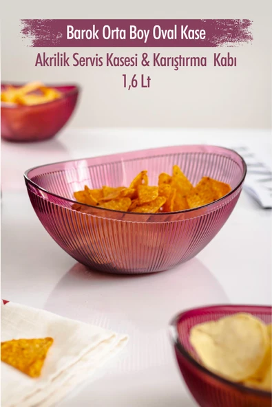 Akrilik Barok Mürdüm Orta Boy Oval Meyve & Salata Kasesi & Karıştırma Kabı / 1,6 Lt (CAM DEĞİLDİR) - 2