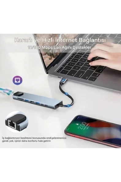 silabor 8 In 1 Macbook Pro Air Usb Type-c Hub Dönüştürücü Çevirici Çoklayıcı Usb Hdmı Micro Sd Girişli - Resim 5