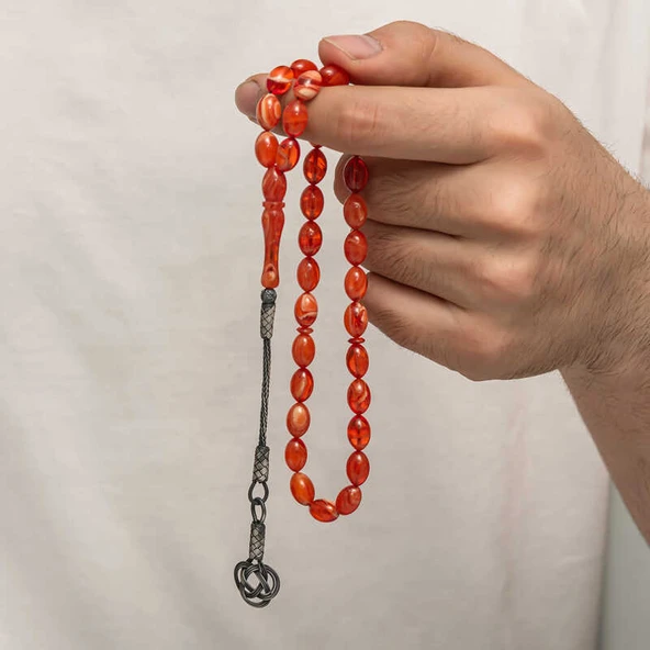 Gümüş Kazaz Püsküllü Sıkma Kehribar Tesbih - Resim 2