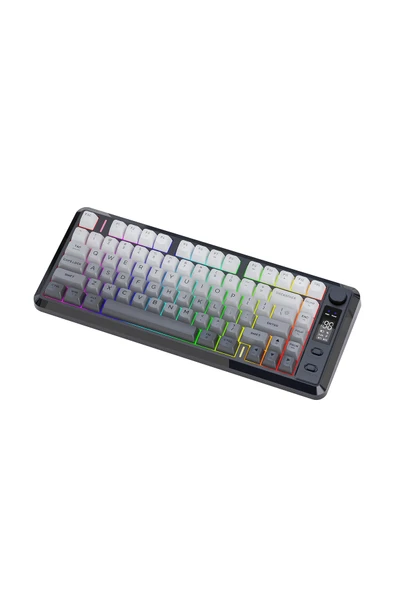 FreeWolf M75 kablosuz 2.4ghz kablosuz + bt çift Modlu klavye Led Ekranlı oyun klavyesi ile PBT Knob Rainbow - Resim 5